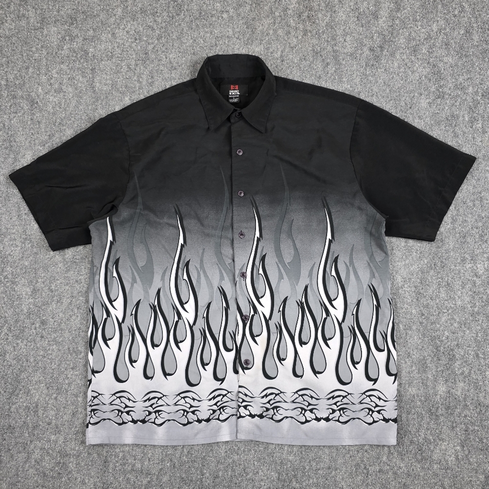 EMERGENCY EXIT VINTAGE Y2K 100 POLYESTER BUTTON UP SHIRT BLACK GREY TRIBAL FLAME
